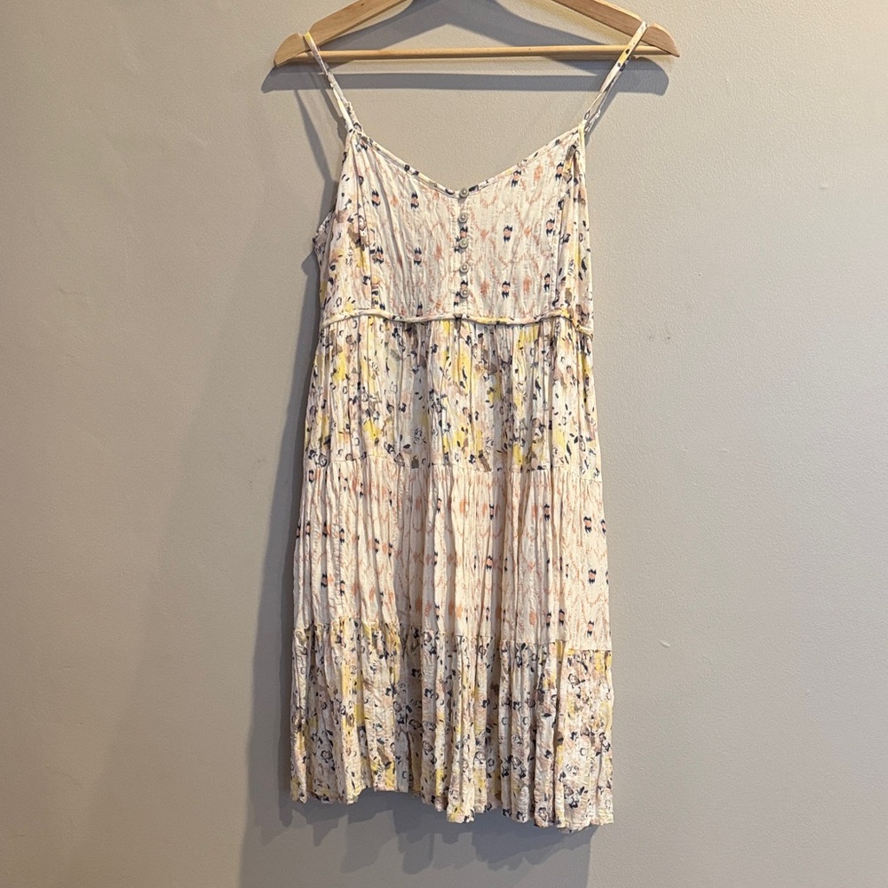 Lucky Brand Floral Pleated Spaghetti Strap Dress - Cream with Yellow & Blue
